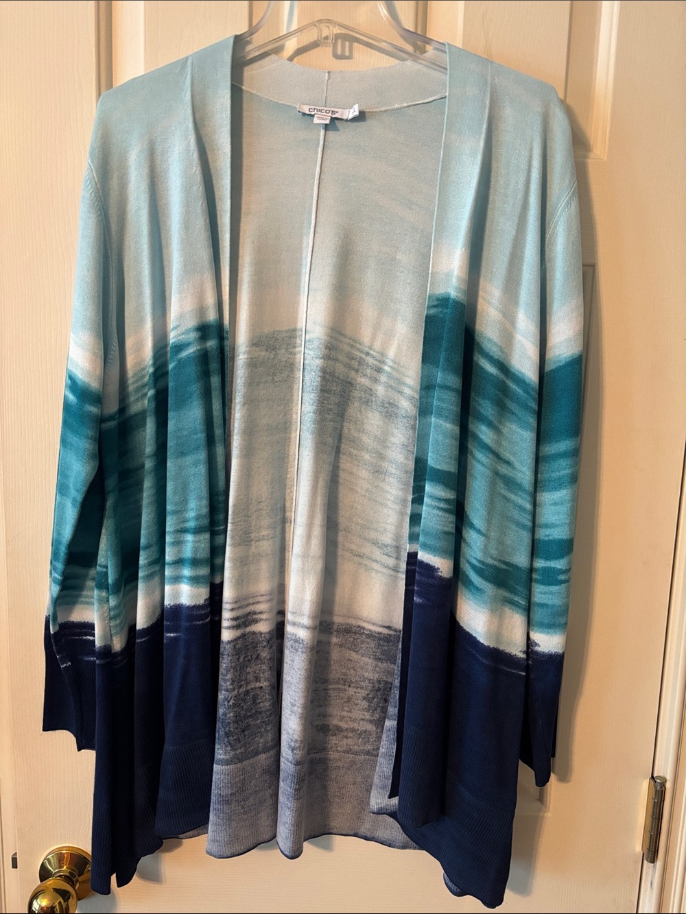 Chico's Teal, Aqua & Navy Watercolor Stripe Open Cardigan